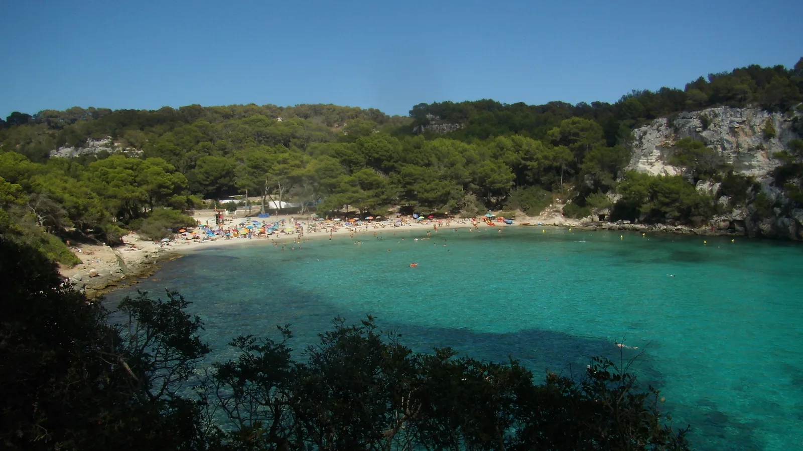 Cala turquesa del sur de Menorca rodeada de pinos